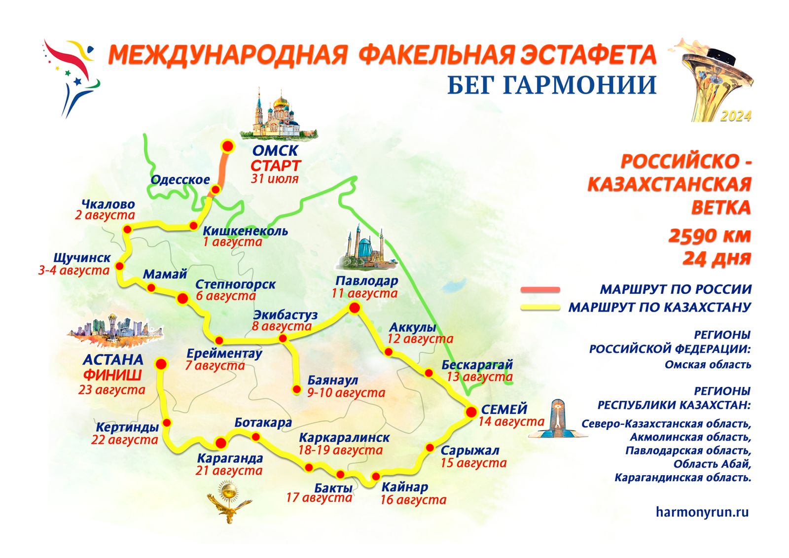 Карта маршрута Российско-Казахстанской ветки Бега Гармонии